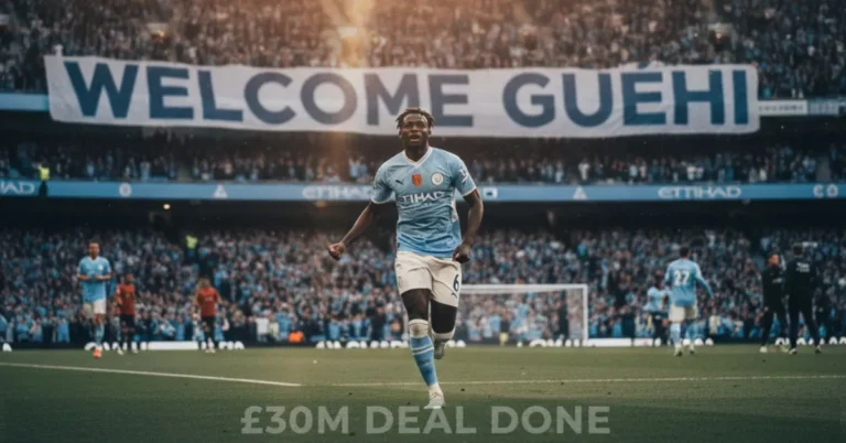 Marc Guéhi in a Manchester City kit celebrating at the Etihad Stadium with a "Welcome Guéhi" banner, illustrating the £30m transfer.
