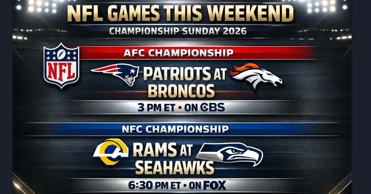 NFL games this weekend: 2026 AFC and NFC Championship TV schedule featuring Patriots at Broncos on CBS and Rams at Seahawks on FOX.