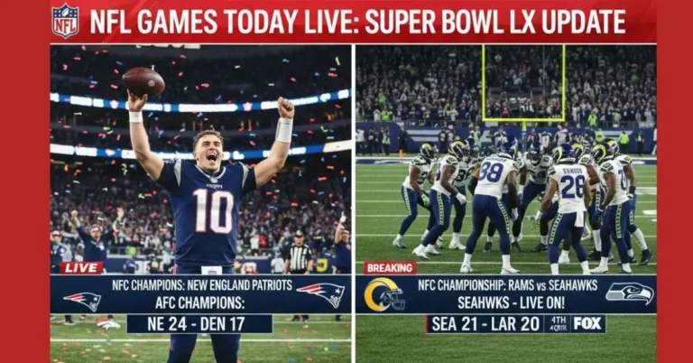 NFL Games Today Live: 2026 AFC and NFC Championship scores featuring Patriots vs Broncos and Rams vs Seahawks on CBS and FOX.