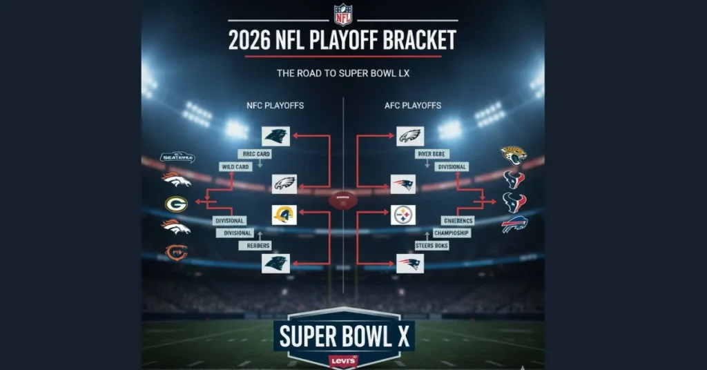 A visual breakdown of the 2026 NFL playoff bracket and matchups for the AFC and NFC Wild Card round.
NFL Playoff Schedule
