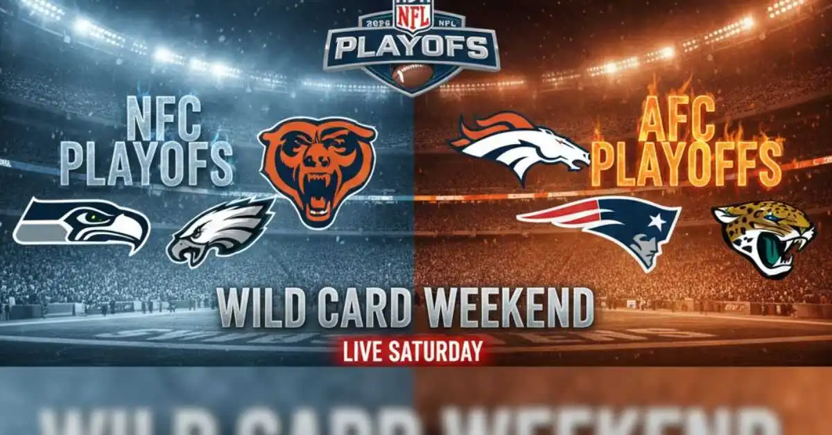 Official 2026 NFL Playoff bracket and schedule for Wild Card Weekend featuring NFC and AFC team logos.