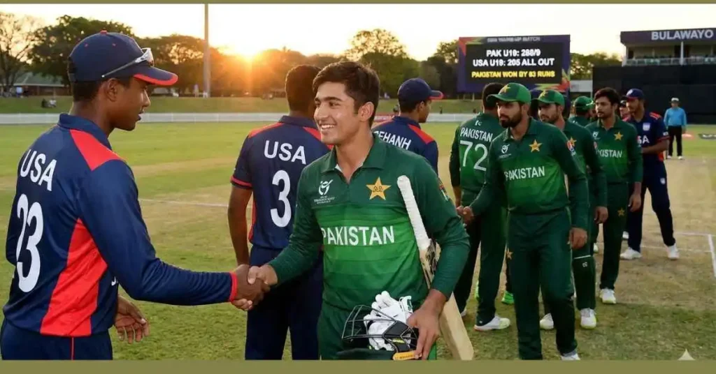 Pak U19 vs USA U19 World Cup warm-up match highlights graphic featuring Sameer Minhas.