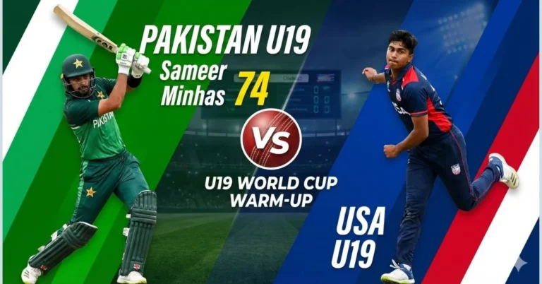 Pakistan U19 vs USA U19 World Cup warm-up match feature image showing Sameer Minhas after scoring 74 runs.