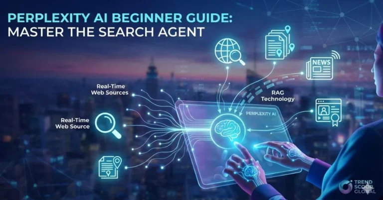 Perplexity AI Beginner Guide featured image showing RAG technology, search agent interface, and real-time web sources for Trend Scoop Global.