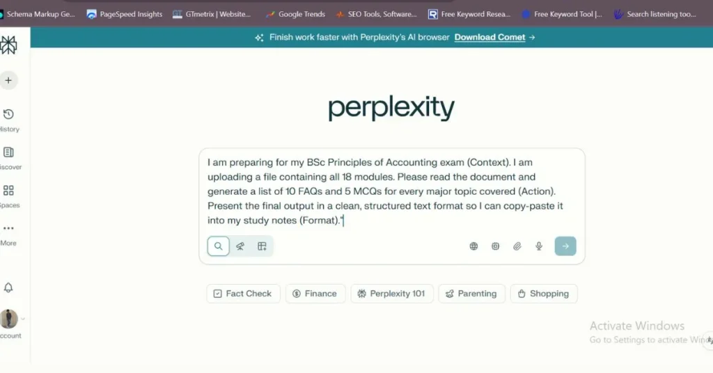 Real-world example of using Perplexity AI to generate FAQs and MCQs from BSc accounting modules. Perplexity AI Daily Use Cases