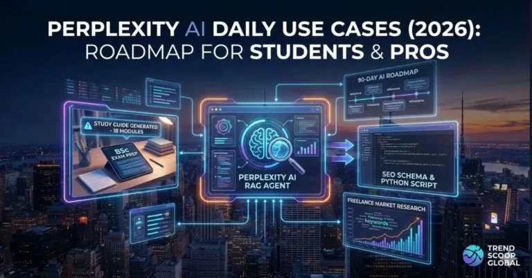 A high-tech visualization for Perplexity AI Daily Use Cases showing an AI search agent assisting with BSc exams, SEO engineering, and coding tasks.