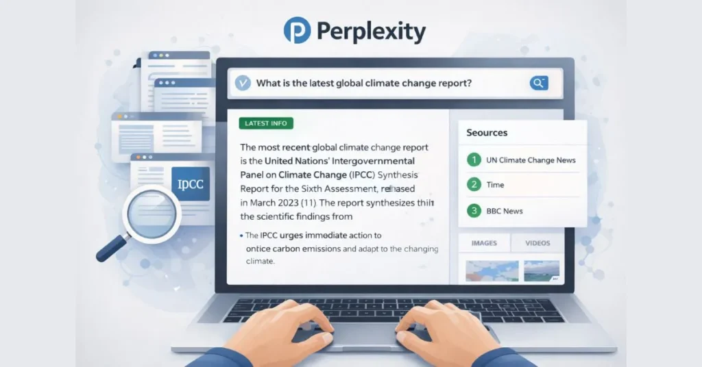 Illustration showing Perplexity AI providing real-time answers with sources and citations on a laptop, highlighting research and verification capabilities
