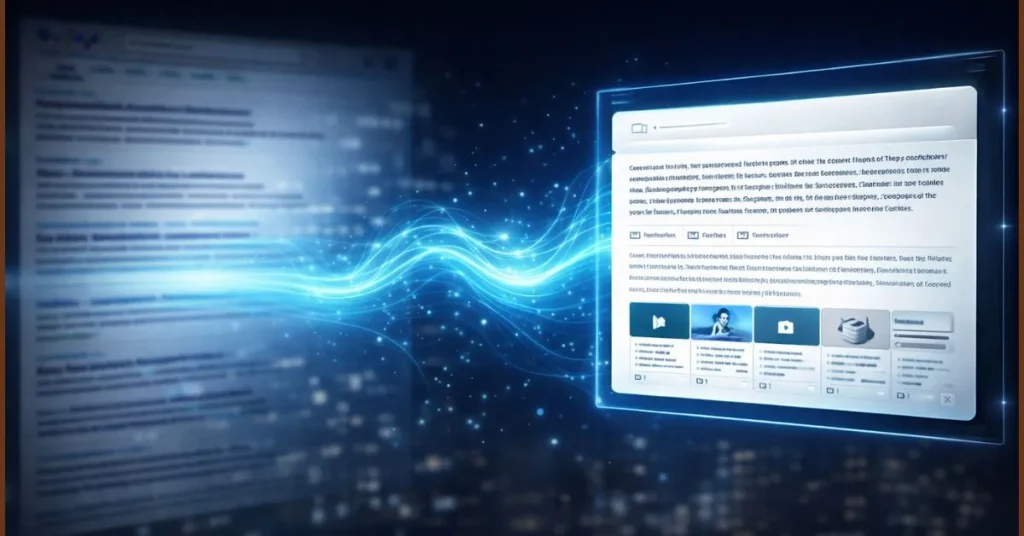 Infographic showing Perplexity AI transforming traditional link-based search into direct, cited answers.