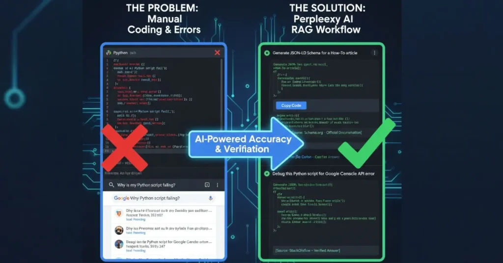Infographic comparison of manual coding errors versus Perplexity AI's accurate Schema generation and Python debugging workflow.
Perplexity AI Daily Use Cases