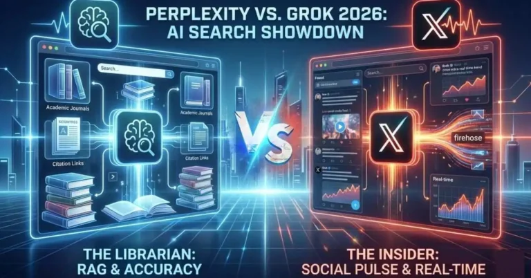 A high-tech comparison infographic of Perplexity vs. Grok 2026 showing the Researcher vs. the Social Insider search models for technical SEO and academic research.