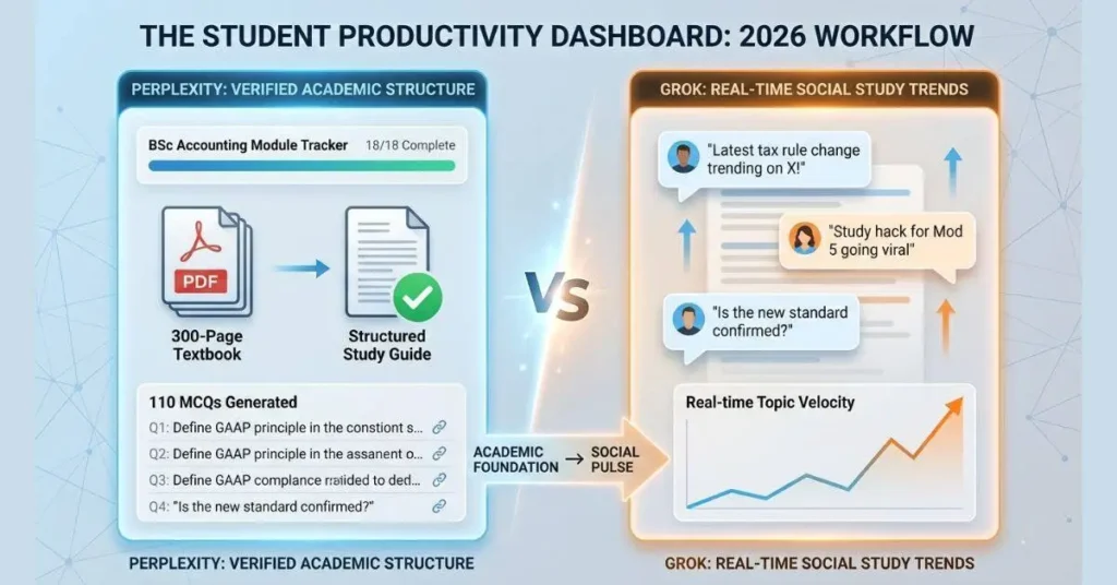 A 1200px wide comparison of Perplexity AI and Grok for students, showing automated accounting study guides, MCQs, and real-time exam trends for 2026.Perplexity vs. Grok 2026