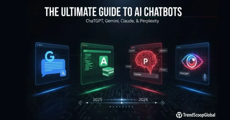 A high-tech digital interface showcasing ChatGPT, Gemini, Claude, and Perplexity AI chatbots comparison for 2026.