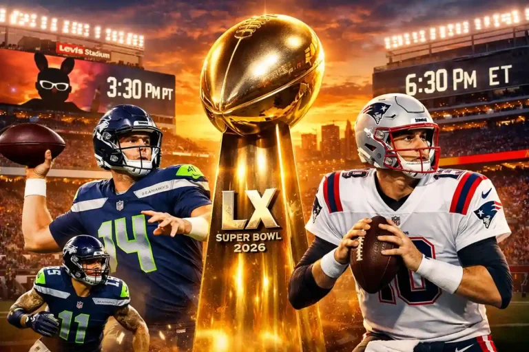Super Bowl 2026 kickoff time 3:30 PM PT - Seahawks Sam Darnold vs Patriots Drake Maye at Levi's Stadium, Bad Bunny halftime