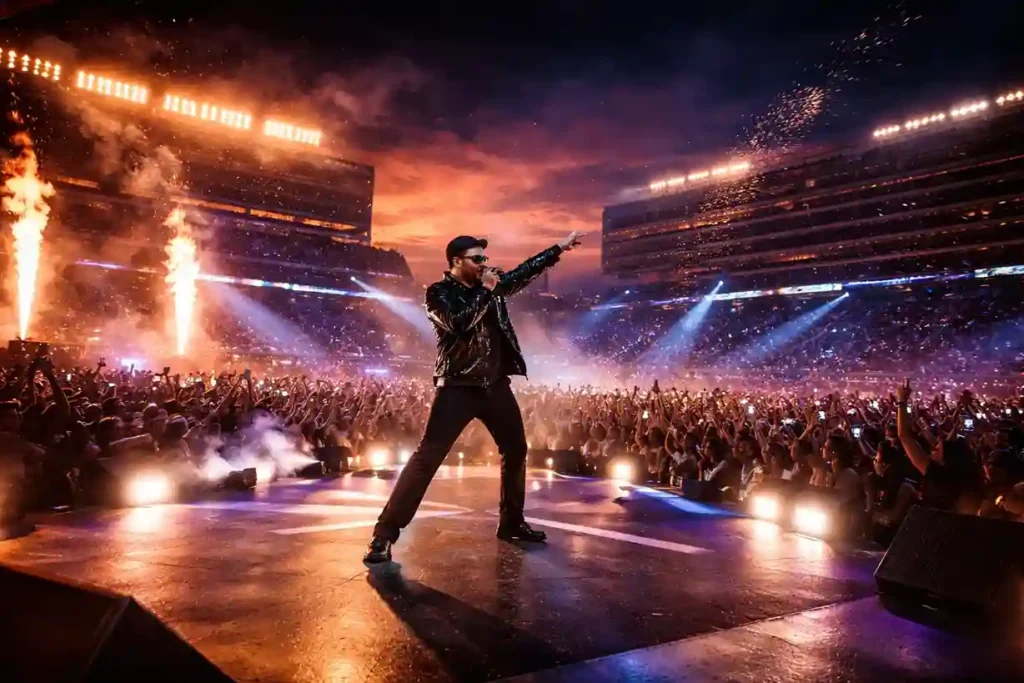 Bad Bunny performing during the Super Bowl 60 halftime show at optimal kickoff time