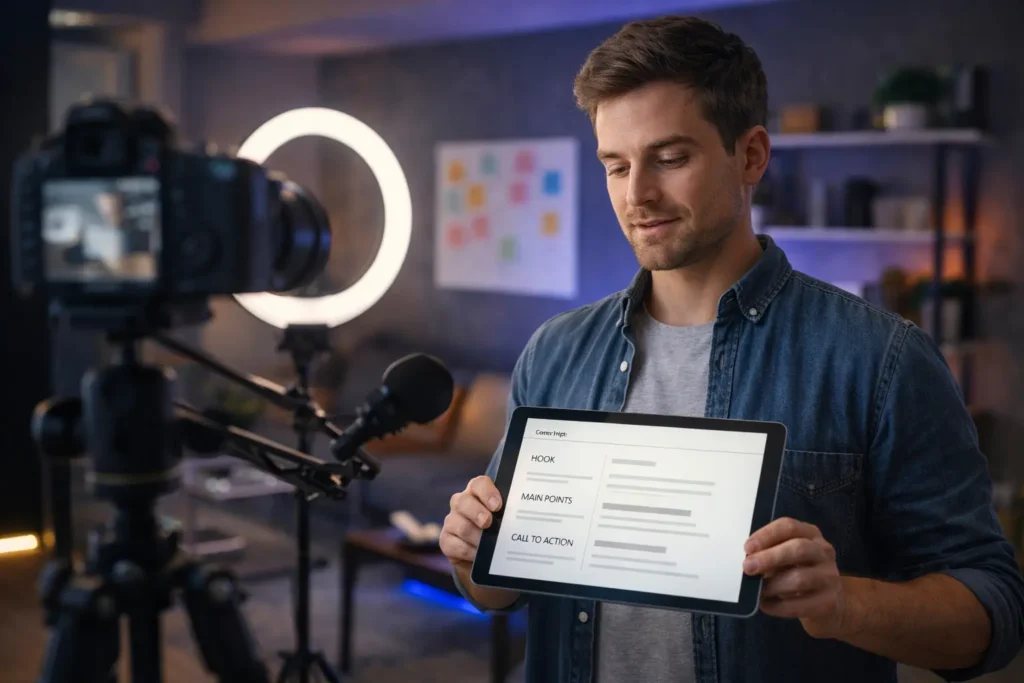 Content creator using ChatGPT to structure a video script inside a modern home studio with camera and ring light.