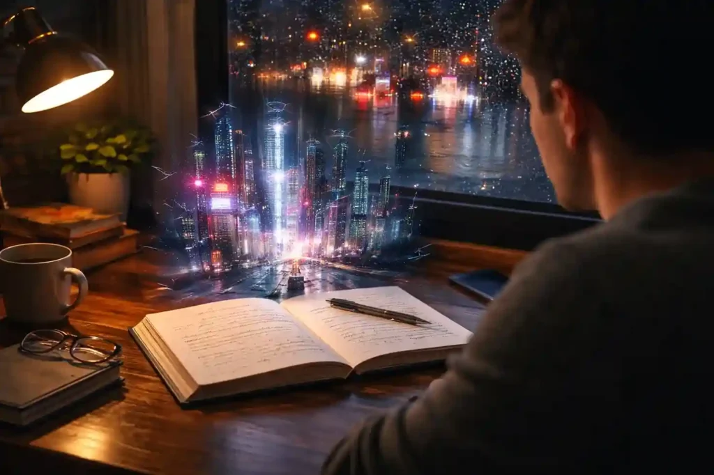Writer developing a story as a futuristic city scene visually forms above an open notebook at night.