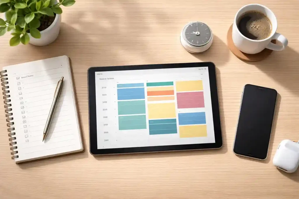Top-down view of a tablet showing a structured time-blocked daily schedule with a Pomodoro timer on a clean desk.