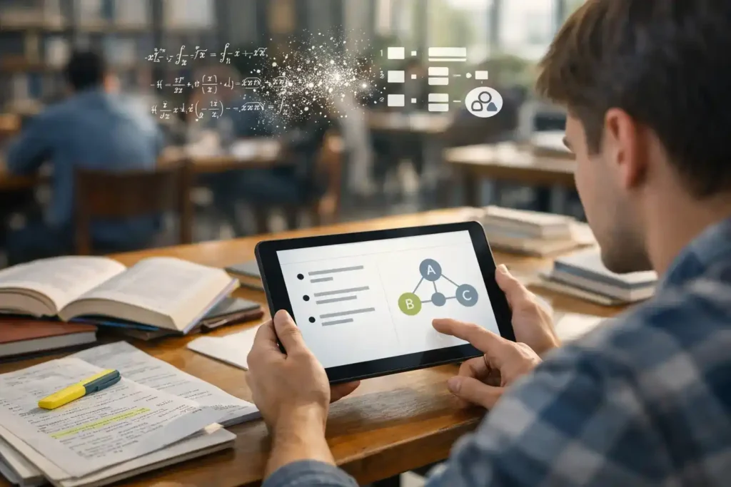 Learner using ChatGPT on a tablet in a library to simplify a complex academic concept into clear bullet points and diagrams.