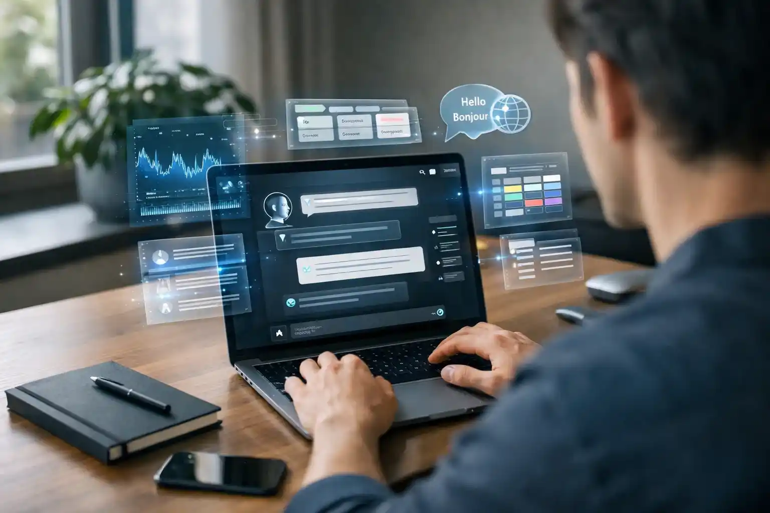 ChatGPT interface helping a professional with daily tasks including writing, scheduling, and translation in a modern 2026 workspace.
