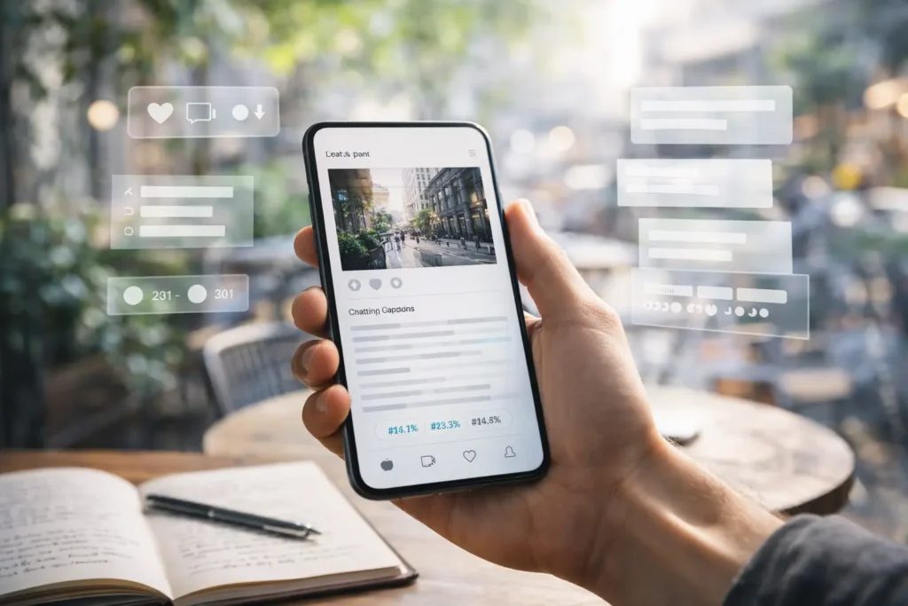Person holding a smartphone showing multiple AI-generated social media caption options with hashtags and engagement icons.