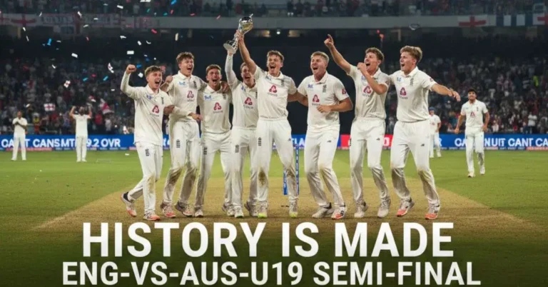 England U19 cricket team celebrating a 27-run victory over Australia in the 2026 World Cup Semi-Final with the scoreboard showing 277 to 250.