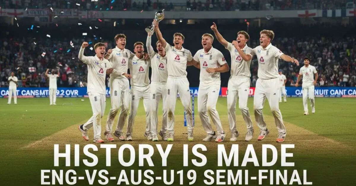 England U19 cricket team celebrating a 27-run victory over Australia in the 2026 World Cup Semi-Final with the scoreboard showing 277 to 250.