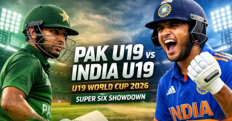 India U19 cricket player celebrating victory against Pakistan U19 at ICC Under-19 World Cup 2026 Super Six in Bulawayo.