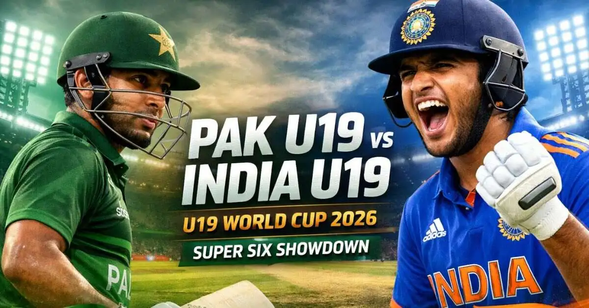 India U19 cricket player celebrating victory against Pakistan U19 at ICC Under-19 World Cup 2026 Super Six in Bulawayo.