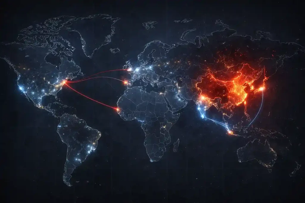 World map highlighting China’s dominance in rare earth processing and global supply chain risks addressed by Pax Silica
