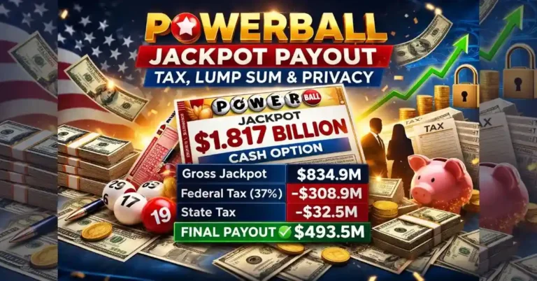Powerball jackpot payout calculation showing tax, lump sum, and privacy rules for 2026 winner