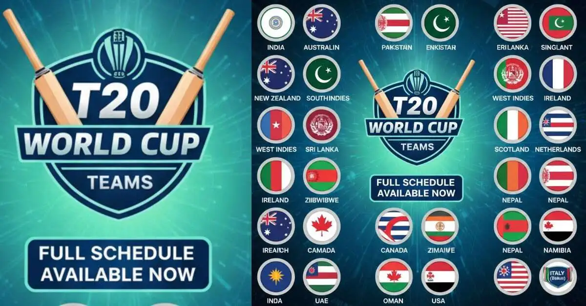 Comprehensive graphic showing all 20 participating teams and flags for the ICC Men's T20 World Cup 2026 in India and Sri Lanka.