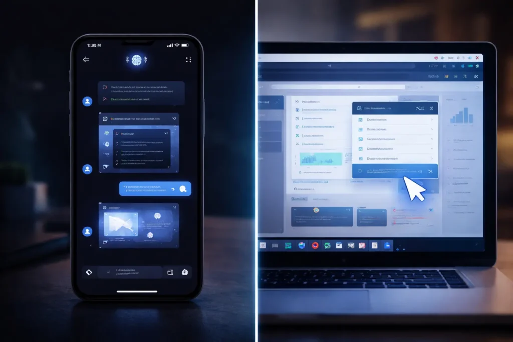 Claude AI vs OpenClaw 2026 interface comparison showing chat based AI interaction versus desktop screen automation with mouse control