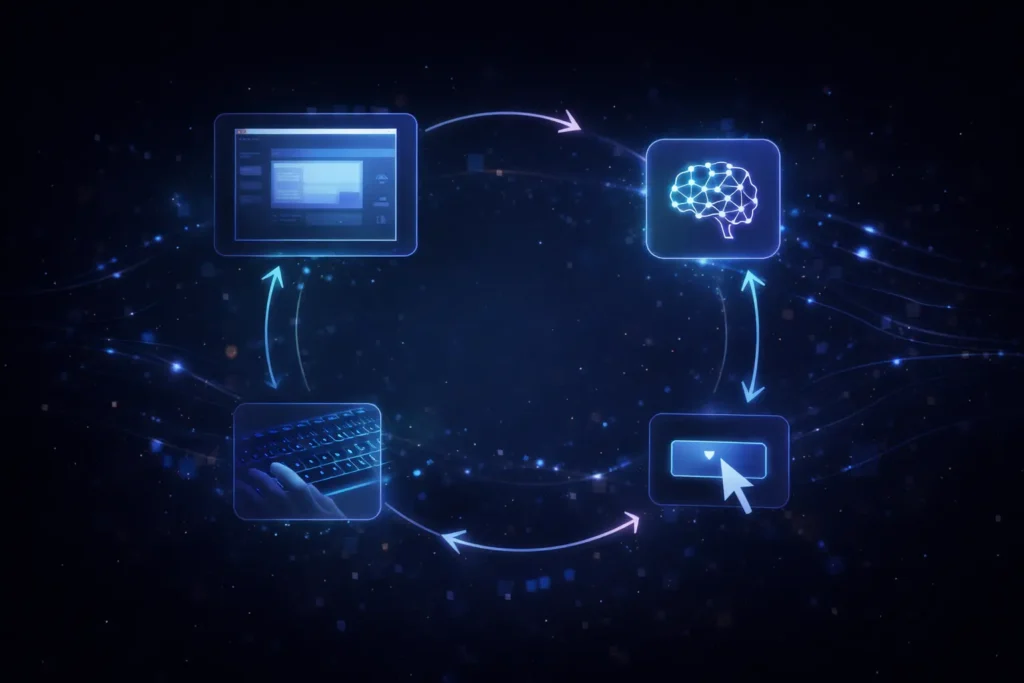 Claude AI computer use agent loop showing screenshot analysis decision making and automated actions in a continuous workflow