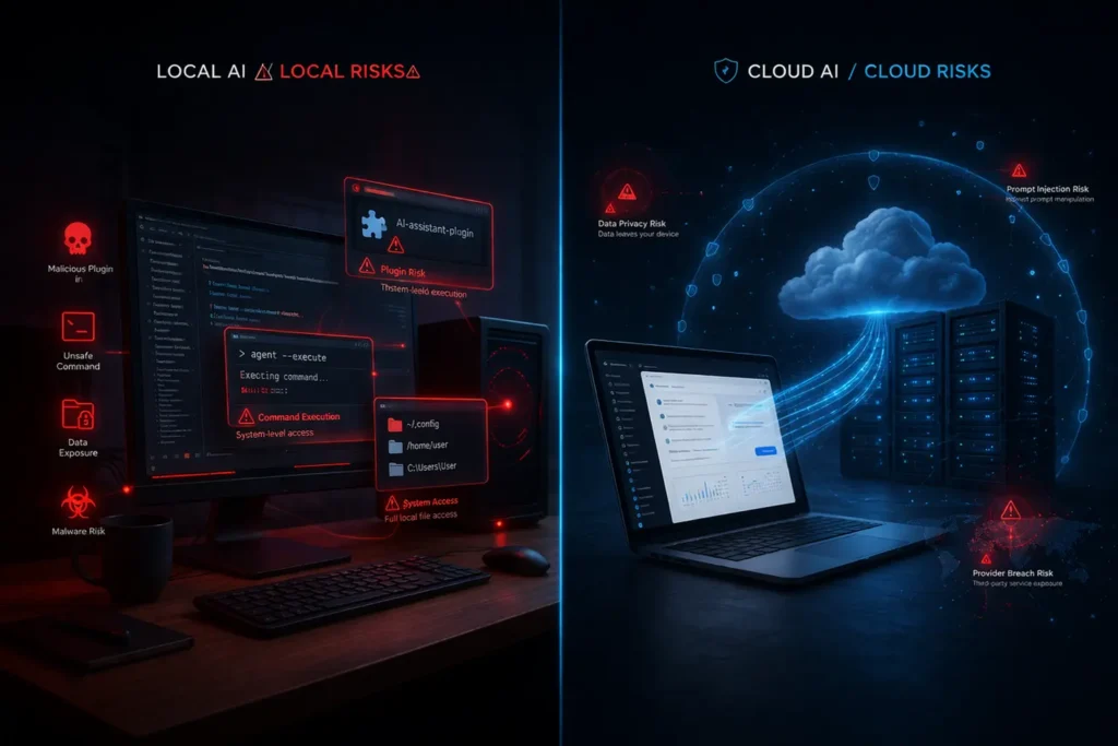 security comparison of OpenClaw local AI risks versus Claude AI cloud processing risks including data exposure and system vulnerabilities