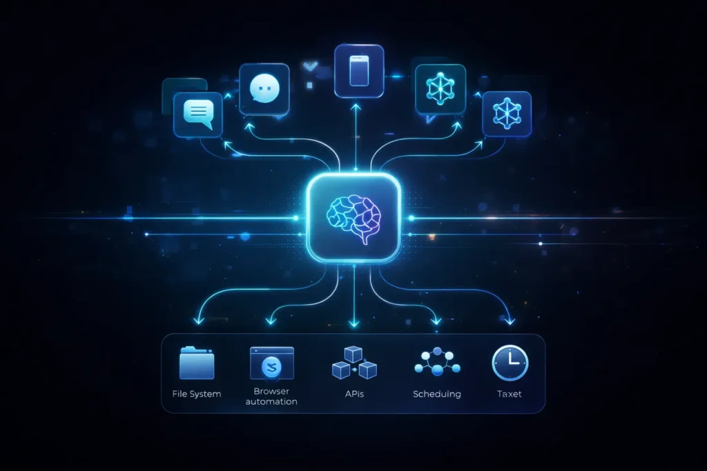OpenClaw 2026 architecture diagram showing messaging apps connected to a local AI gateway with LLM models and automation execution layers.Claude AI vs OpenClaw 2026