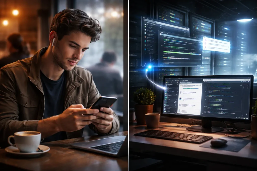 developer using OpenClaw 2026 from smartphone while automated coding and CI tasks run remotely in the background