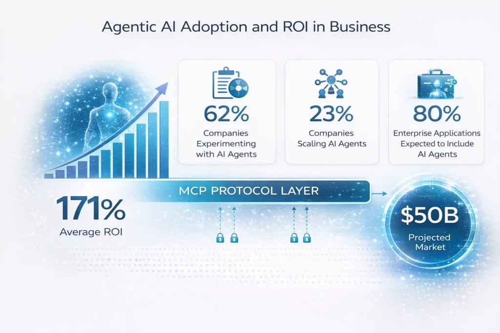 Infographic showing enterprise adoption and ROI statistics for agentic AI including 171 percent ROI and rapid enterprise adoption of AI agents