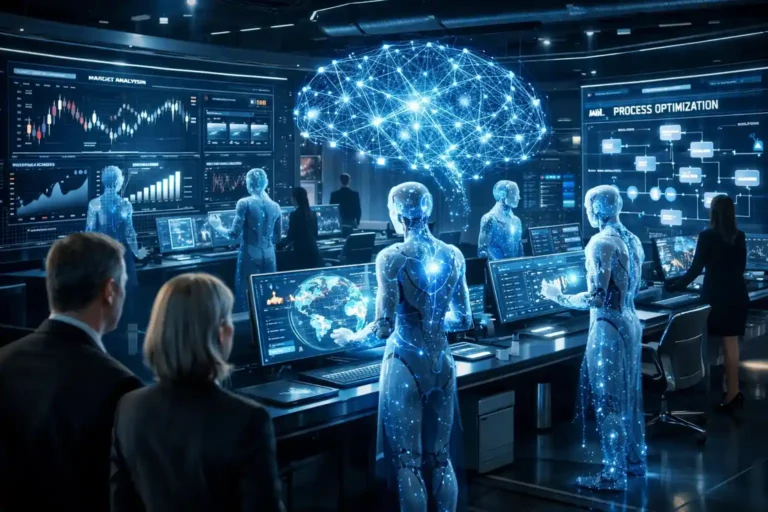 Futuristic enterprise environment where agentic AI systems manage autonomous business workflows including financial analysis, data processing, and enterprise automation