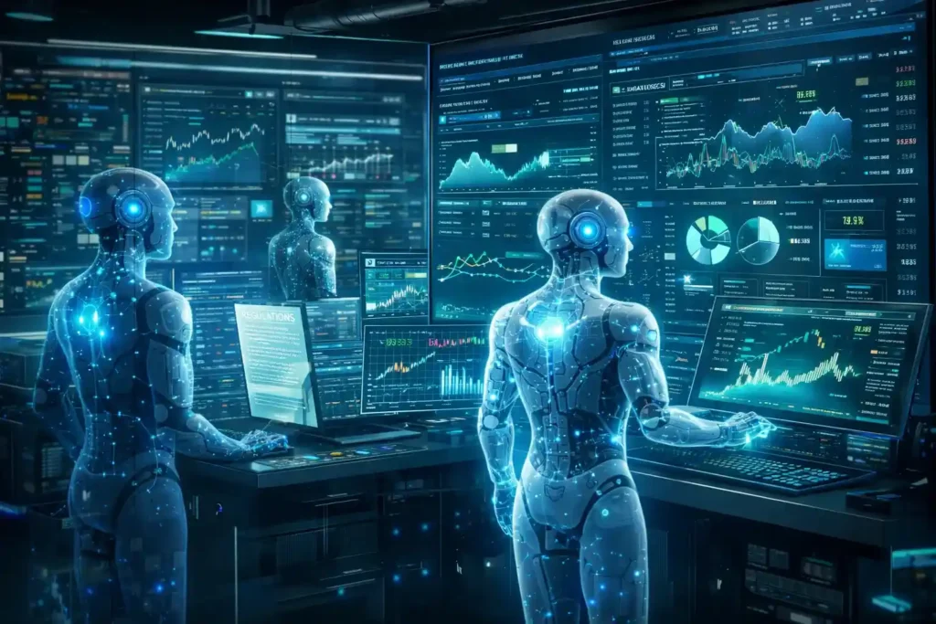 Autonomous AI agents analyzing financial data including market charts, compliance documents, and risk dashboards in a fintech analytics environment