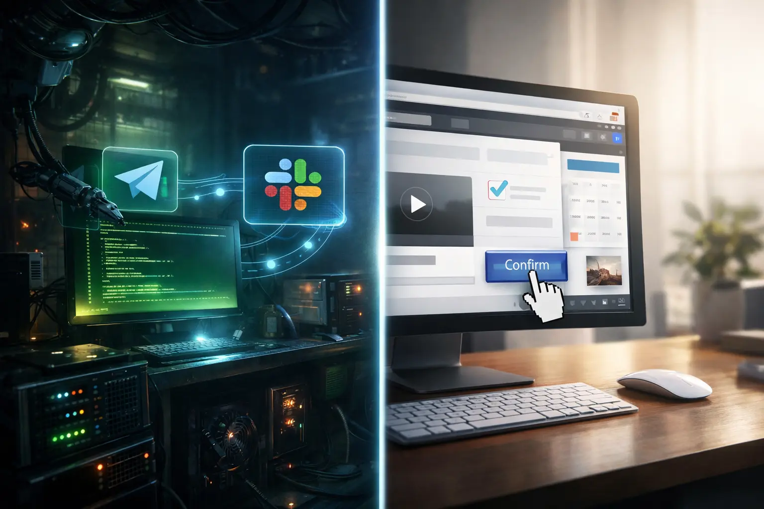 Claude AI vs OpenClaw 2026 comparison showing self-hosted AI agent environment versus computer-use AI interface controlling a desktop screen
