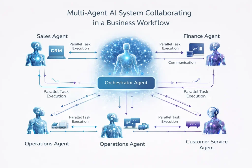 Diagram showing multiple specialized AI agents collaborating in an enterprise workflow including sales, finance, operations, and customer service agents coordinated by an orchestration layer